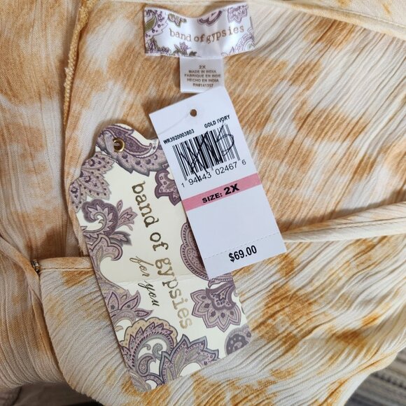 Band Of Gypsies 2X Blouse Sleeveless Gold Yellow Tie Dye Peplum Ruffles Boho NWT - Picture 3 of 5